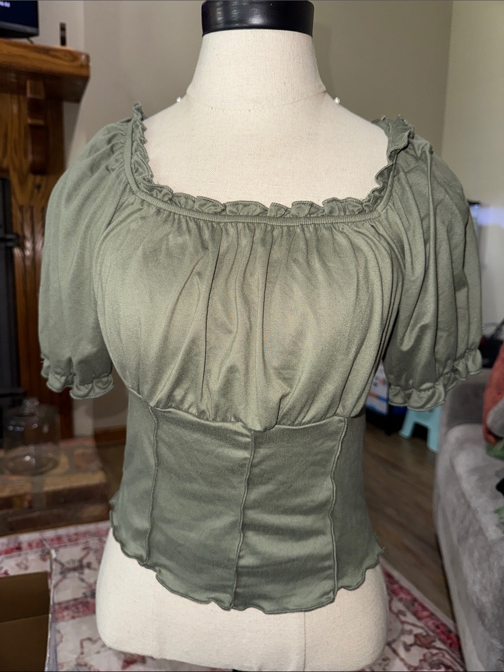 Mm Mm Mm Olive Puff-Sleeve Peasant Top with Ruffled Square Neck